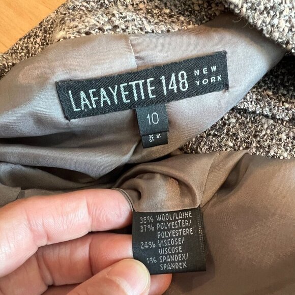 Lafayette 148 Sz 10/12 Belted Leather Blazer Pant Set Tweed Wool Blend - Picture 15 of 16